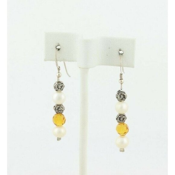 Sterling Silver White and Yellow Pearl and Flower Earrings Dangle Drop Earrings - Picture 4 of 6